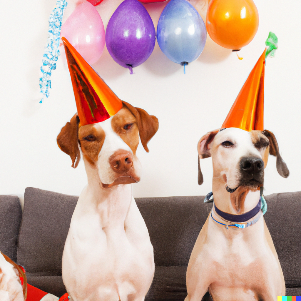 Image of two dogs in party hats.